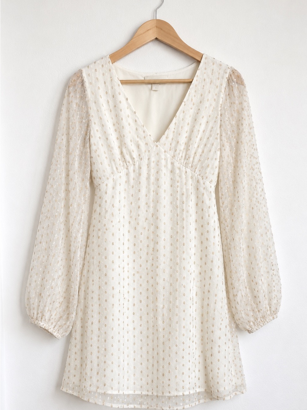 Old Navy Cream Long Sleeve V-Neck Dress with Gold Dot Accents
